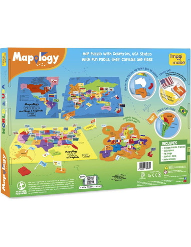 Imagimake Puzzle Mapa de EE. UU. y del Mundo con Banderas