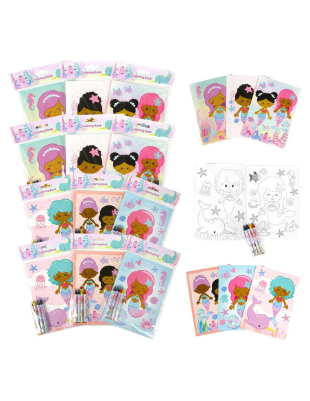 Set de Libros para Colorear Sirenas Arcoíris TINYMILLS 12 Libros y 48 Crayones