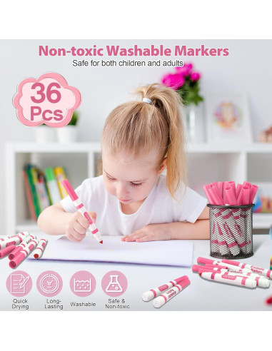 Marcadores Lavables Janlaugh 36 Pcs Rosa Punta Cónica