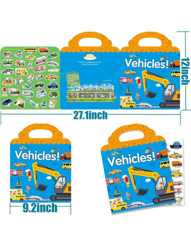 Libro de Pegatinas Reutilizables Yowlieu Vehículos 3 a 6 Años