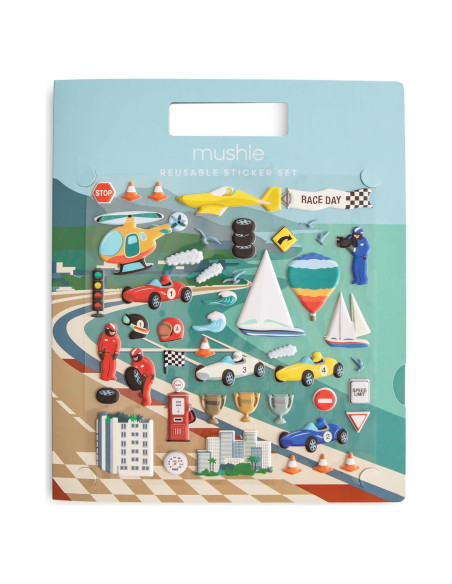 Set de Stickers Reutilizables Mushie Autos de Carreras 100+