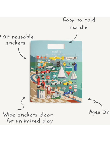 Set de Stickers Reutilizables Mushie Autos de Carreras 100+