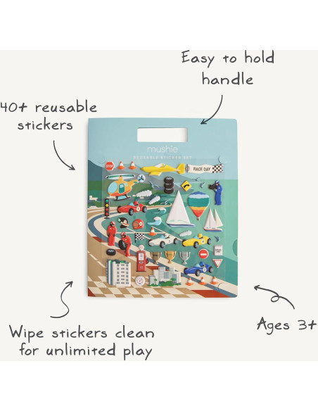 Set de Stickers Reutilizables Mushie Autos de Carreras 100+