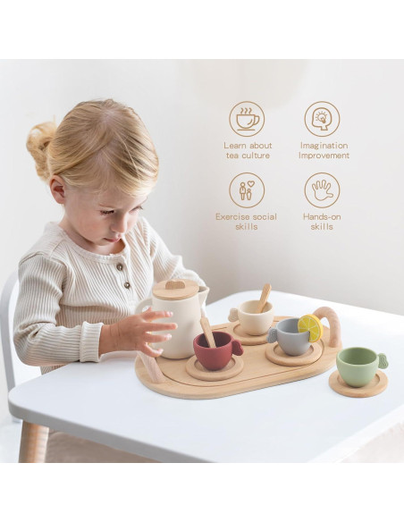 Juego de té de madera Ikubigu 13 piezas para niños