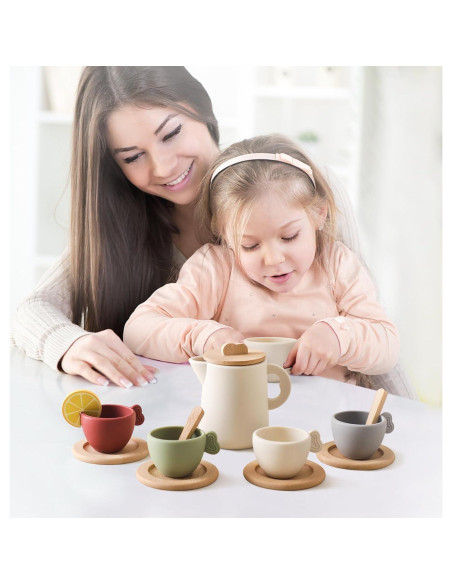 Juego de té de madera Ikubigu 13 piezas para niños