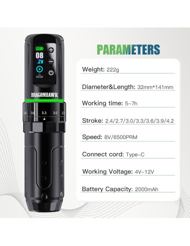 Máquina de Tatuaje Inalámbrica Dragonhawk L3 140mm 233g