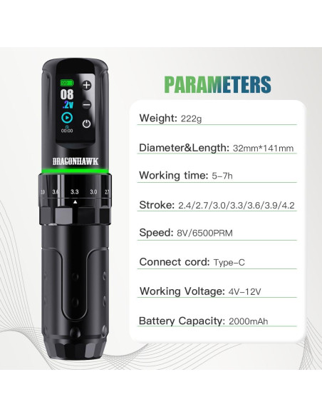 Máquina de Tatuaje Inalámbrica Dragonhawk L3 140mm 233g