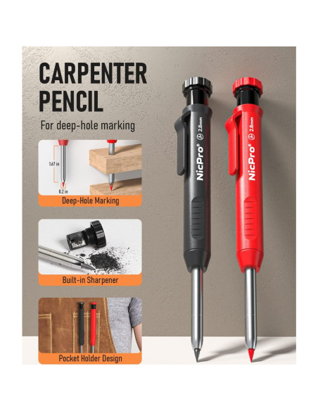 Juego de Lápices de Carpintero Nicpro con Sacapuntas y 26 Recargas
