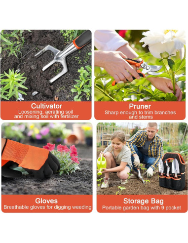 Juego de Herramientas de Jardín MECHEER 8 Piezas con Bolsa Naranja