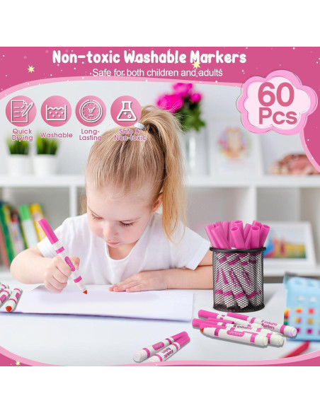 Marcadores Lavables Janlaugh 60 Pcs Punta Cónica Rosados