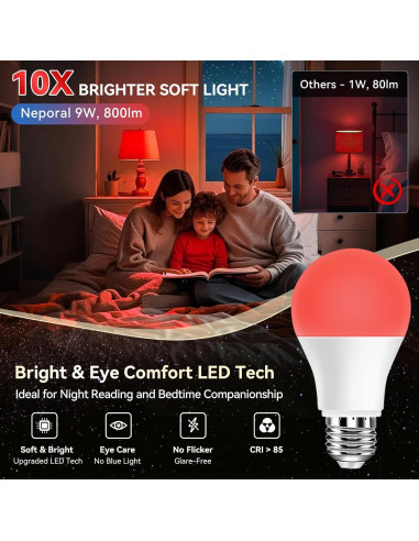 Bombillas LED rojas Neporal 9W 625nm para dormir - Paquete de 6