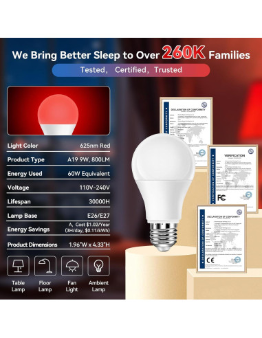 Bombillas LED rojas Neporal 9W 625nm para dormir - Paquete de 6