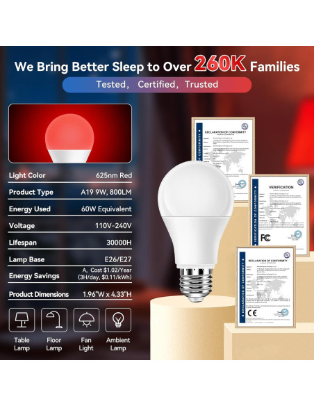 Bombillas LED rojas Neporal 9W 625nm para dormir - Paquete de 6