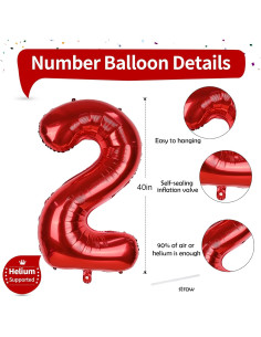 Globo de Número 2 Rojo 101,6 cm para Cumpleaños y Eventos 2
