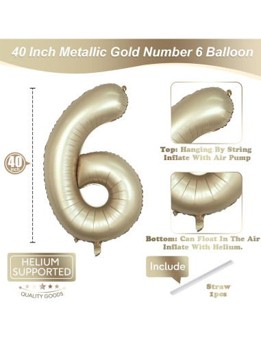 Globo de Número 6 Metálico Oro Claro 100 cm para Fiestas