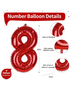 Globo Número 8 Rojo 101,6 cm Autoinflable para Fiestas 2