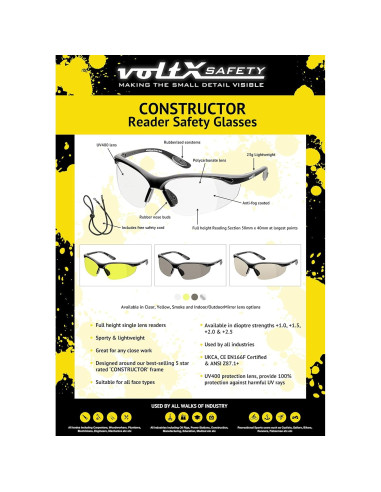 Gafas de Seguridad VoltX Constructor +1.0 Dioptría Claras UV400