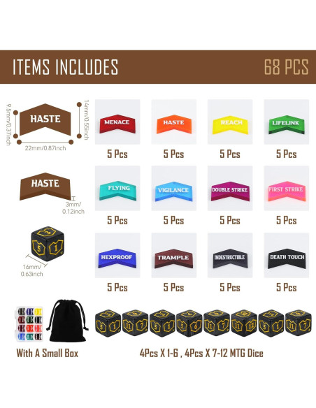 68 Piezas Tokens MTG y Dados con Caja - Accesorios de Juego