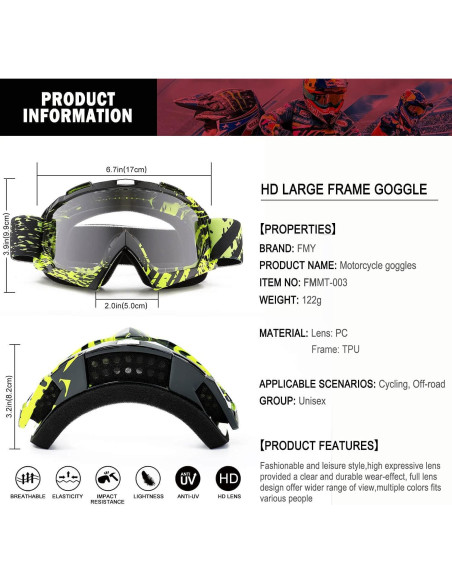 Gafas de motocross FMY UV400 a prueba de polvo y arañazos