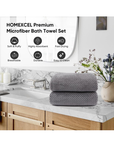 HOMEXCEL Juego de 2 Toallas de Baño Microfibra Gris 68.6x137.2cm