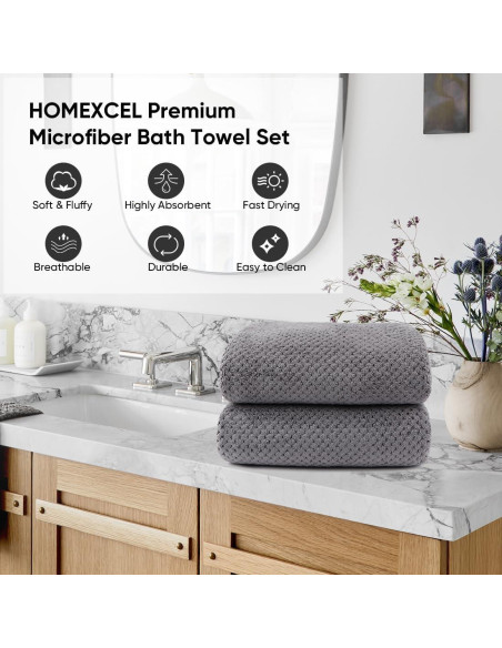 HOMEXCEL Juego de 2 Toallas de Baño Microfibra Gris 68.6x137.2cm