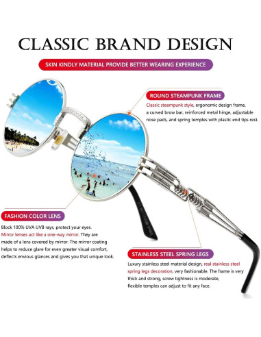 Gafas de sol redondas AIEYEZO steampunk UV 100% plateadas