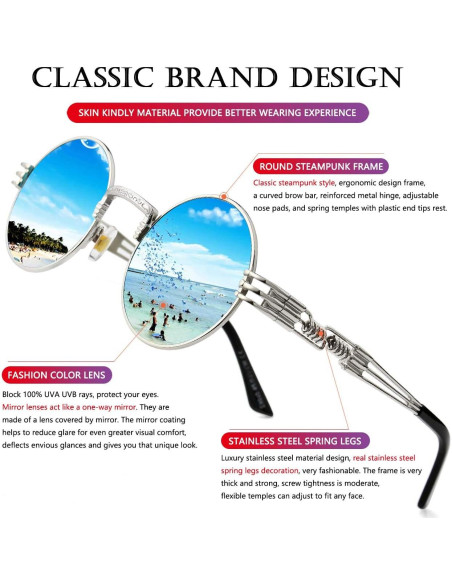 Gafas de sol redondas AIEYEZO steampunk UV 100% plateadas