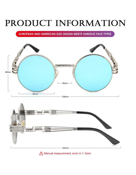 Gafas de sol redondas AIEYEZO steampunk UV 100% plateadas