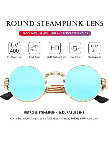 Gafas de sol redondas AIEYEZO steampunk UV 100% oro/azul
