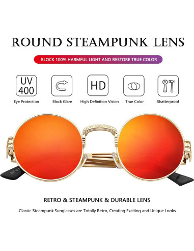 Gafas de sol redondas AIEYEZO metal UV 100% oro/espejo rojo