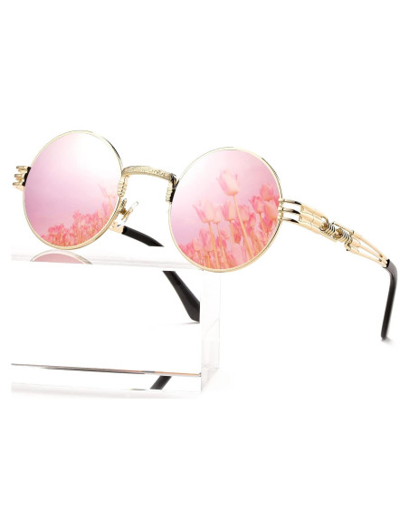 Gafas de sol redondas AIEYEZO Steampunk oro espejo rosa
