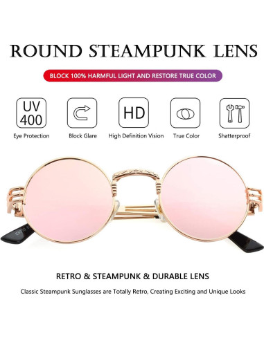 Gafas de sol redondas AIEYEZO Steampunk oro espejo rosa