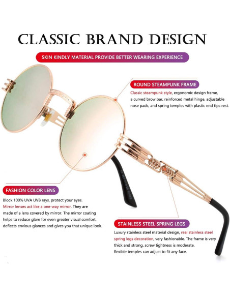 Gafas de sol redondas AIEYEZO Steampunk oro espejo rosa