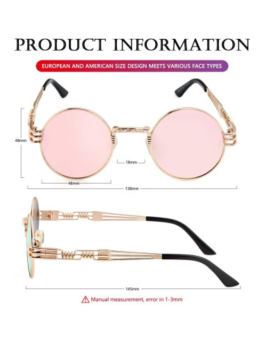 Gafas de sol redondas AIEYEZO Steampunk oro espejo rosa