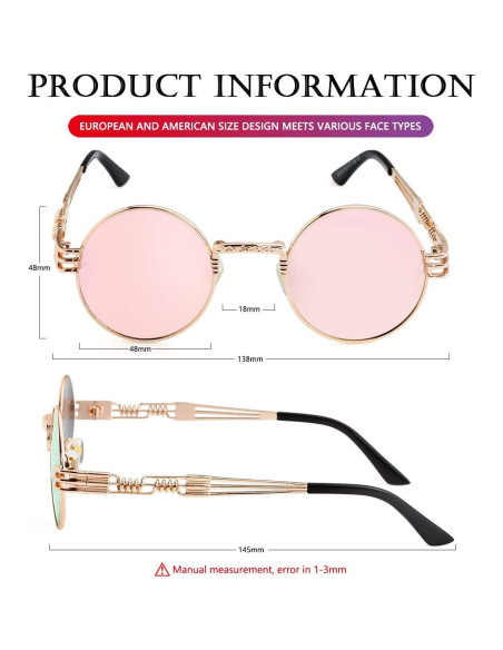 Gafas de sol redondas AIEYEZO Steampunk oro espejo rosa