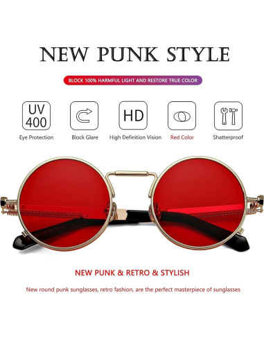 Gafas de sol redondas AIEYEZO steampunk oro/rojo océano