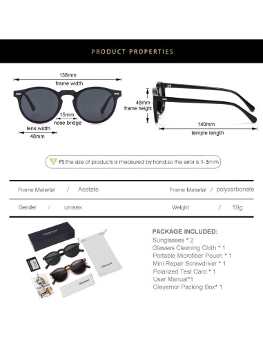 Gleyemor Gafas de Sol Polarizadas UV400 Redondas Unisex