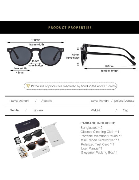 Gleyemor Gafas de Sol Polarizadas UV400 Redondas Unisex