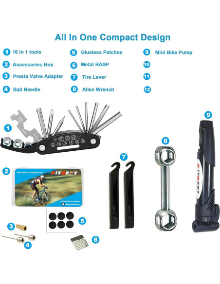 Kit de Herramientas para Bicicletas Kitbest 16 en 1 con Bomba 120 PSI