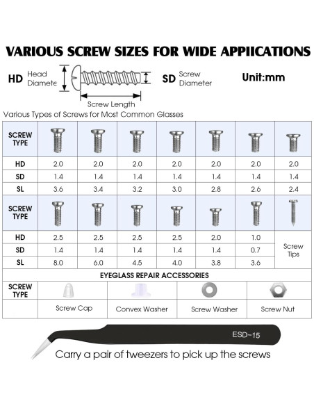 Kit de Reparación de Gafas Kingsdun con 1200 Tornillos