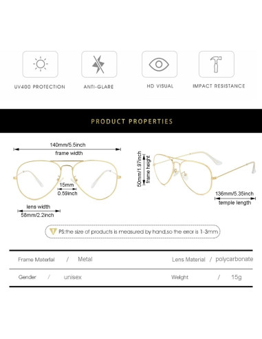 Gafas Aviador Gleyemor Anti Luz Azul Unisex 58mm