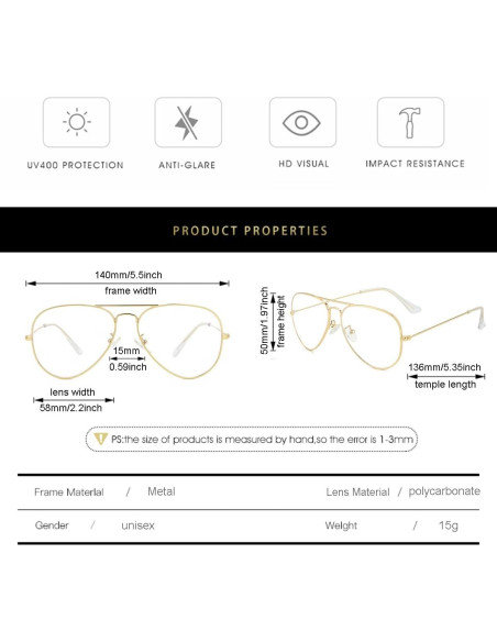 Gafas Aviador Gleyemor Anti Luz Azul Unisex 58mm