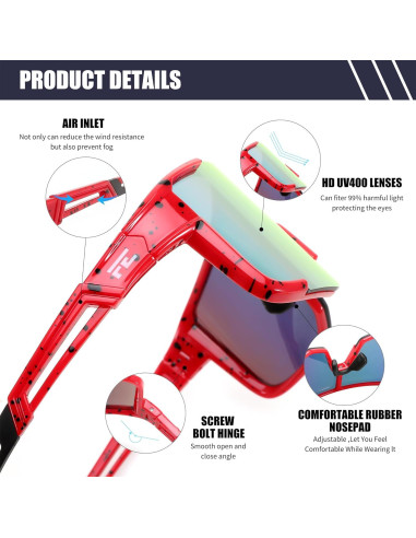 Gafas de Ciclismo FEISEDY UV400 Marco Ligero TR90 Rojo