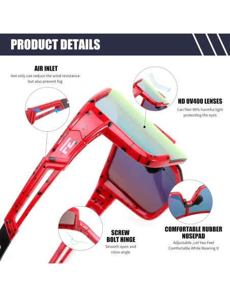 Gafas de Ciclismo FEISEDY UV400 Marco Ligero TR90 Rojo