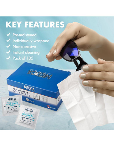 Toallitas de Limpieza de Lentes MEDca 105 Paquetes Amoníaco Libre