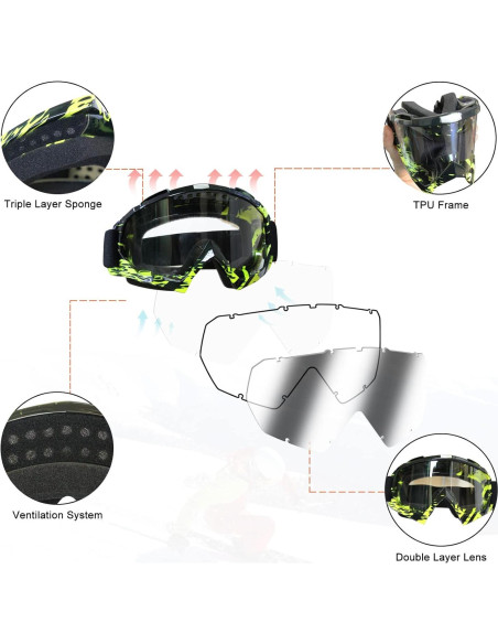 Gafas de Motocross ZukMi Verde Negro Lente Clara Ajustables