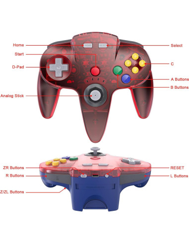Controlador Inalámbrico KIWITATA para N64 Rojo Transparente