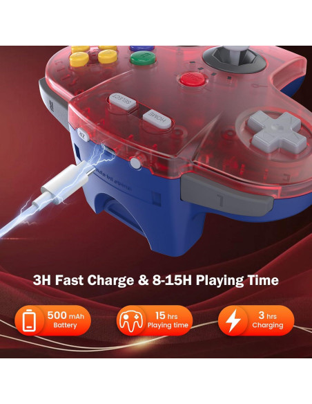 Controlador Inalámbrico KIWITATA para N64 Rojo Transparente