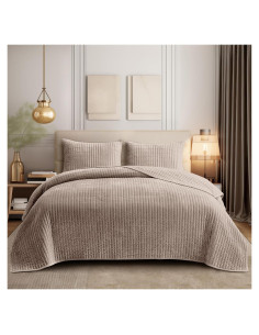 Colcha King SHALALA de Terciopelo Ligero Rayas Taupe