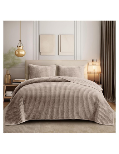 Colcha King SHALALA de Terciopelo Ligero Rayas Taupe